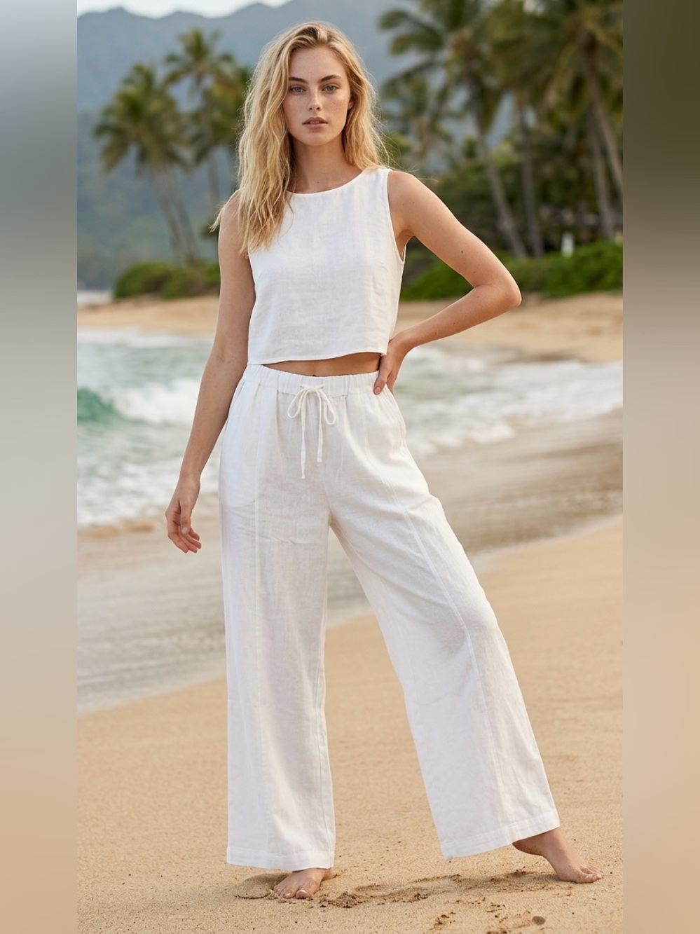 4Our Dreamers High-Rise Linen Blend Wide Leg Pants Drawstring Waist Size L NWT
